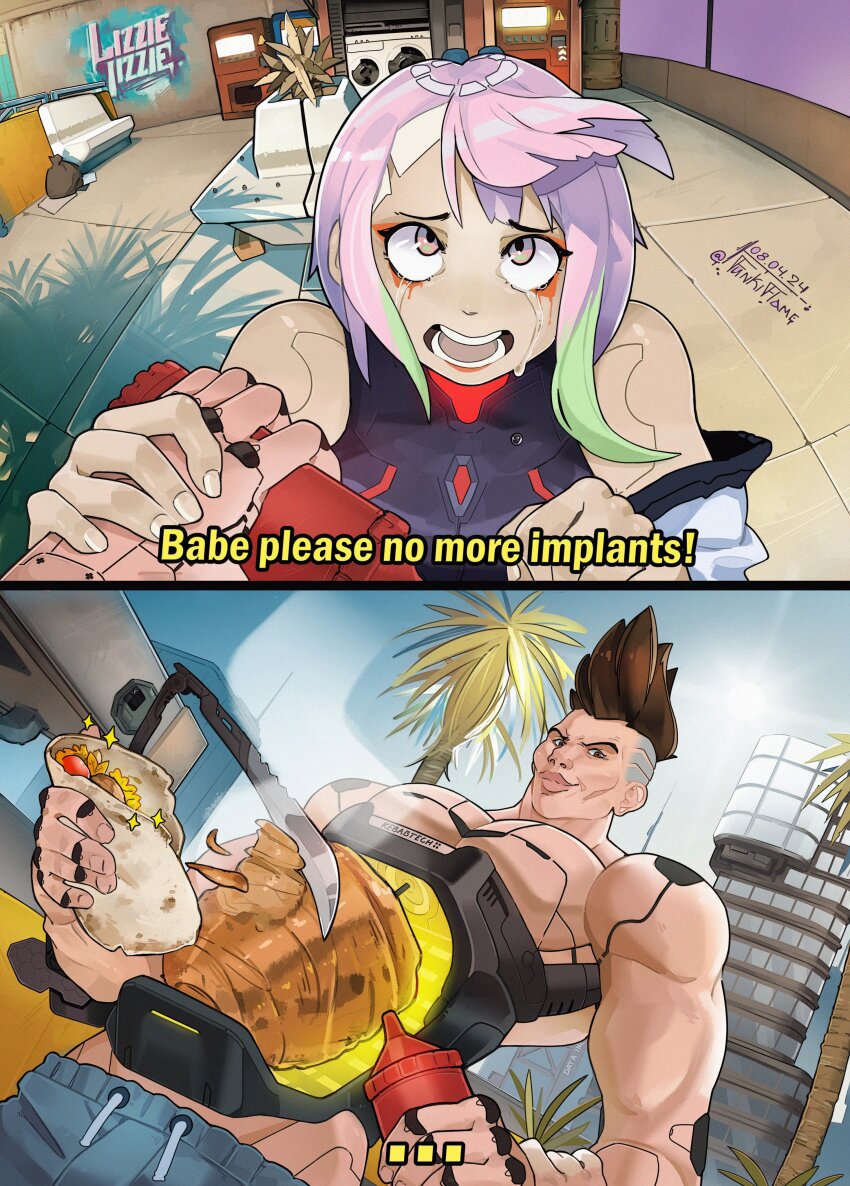 1boy, 1girl, absurdres, brown_hair, crying, crying_with_eyes_open, cyberpunk:_edgerunners, cyberpunk_(series)