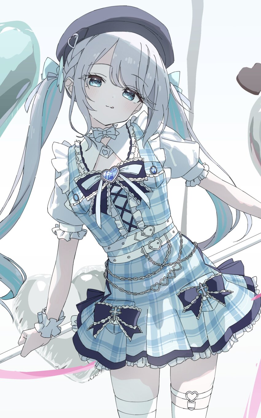 1girl, absurdres, aqua_hair, balletcore, balloon, belt, beret, black_hat