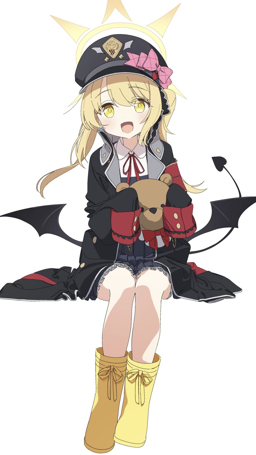 1girl, :d, absurdres, armband, black_tail, black_wings, blonde_hair, blue_archive