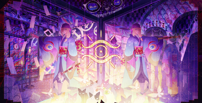 1boy, absurdly_detailed_composition, absurdres, architecture, ayakashi:_japanese_classic_horror, bakeneko_(mononoke), bandana, blank_eyes