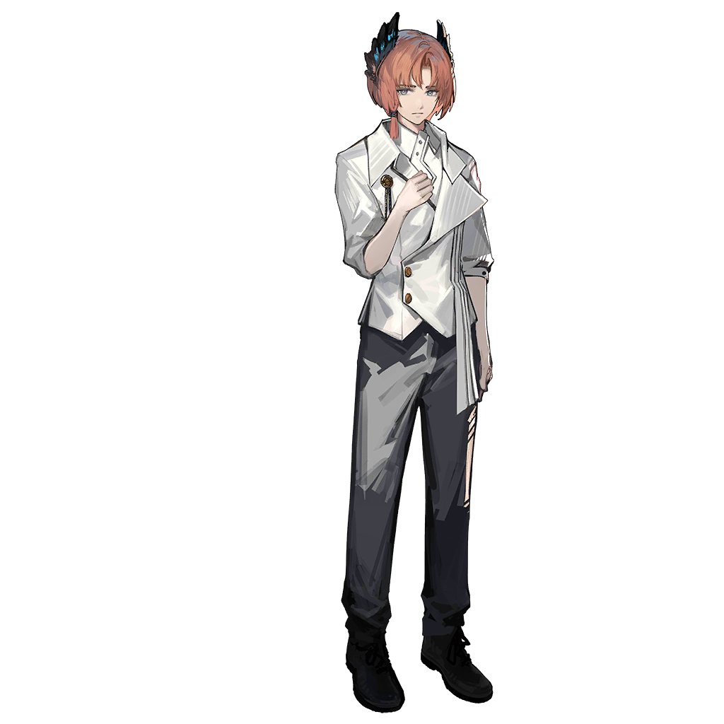 1boy, aged_down, arknights, bird_boy, bishounen, black_shoes, blue_eyes, closed_mouth