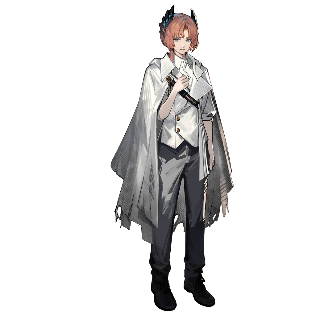 1boy, aged_down, arknights, bird_boy, bishounen, black_shoes, blue_eyes, cape