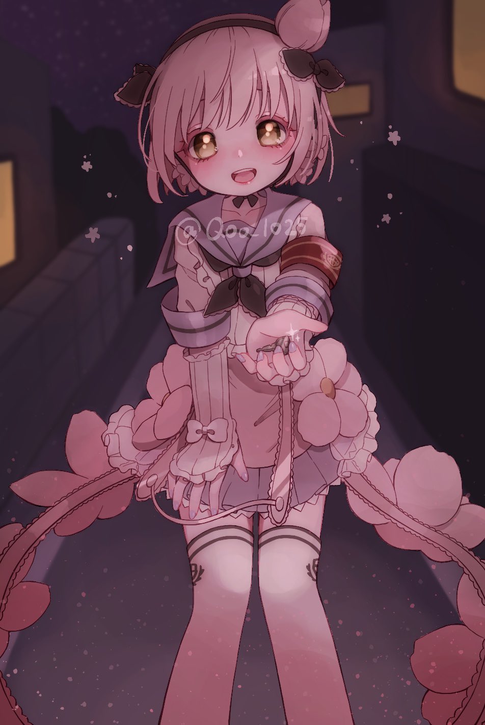 1girl, blush, bud, fingerless_gloves, flower_ornament, gloves, hair_ornament, hairband