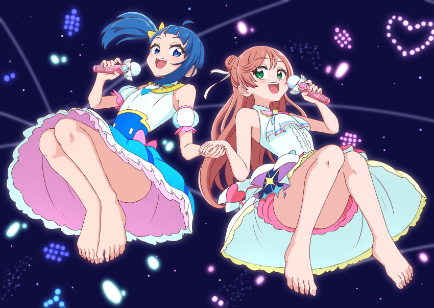 2girls, :d, absurdres, ahoge, ascot, asymmetrical_bangs, bare_arms, bare_legs, bare_shoulders, barefoot, bloomers, blue_background, blue_dress, blue_eyes, blue_hair, blush, bow, brooch, colored_petticoat, commentary, cosplay, cure_prism, cure_prism_(cosplay), cure_sky, cure_sky_(cosplay), cut_bangs, detached_sleeves, dress, dress_bow, feet, fingernails, full_body, green_eyes, hair_bow, hair_bun, hair_ornament, hair_ribbon, hakuino_hakase, half_updo, halter_dress, halterneck, hands_up, heart, heart_background, henshin, highres, hirogaru_sky!_precure, holding, holding_hands, jewelry, knees_together_feet_apart, knees_up, legs_together, long_hair, long_sidelocks, looking_at_another, magical_girl, medium_dress, midair, multicolored_dress, multiple_girls, nijigaoka_mashiro, no_cape, no_gloves, open_mouth, petticoat, pink_bloomers, pink_bow, pink_hair, ponytail, precure, puffy_detached_sleeves, puffy_sleeves, ribbon, self_cosplay, side_ponytail, sidelocks, single_hair_bun, single_sidelock, sky_mirage, sleeveless, sleeveless_dress, smile, sora_harewataru, swept_bangs, teeth, toenails, toes, transformation, two-tone_dress, underwear, upper_teeth_only, white_ascot, white_bow, white_dress, white_ribbon, wing_brooch, yellow_bow