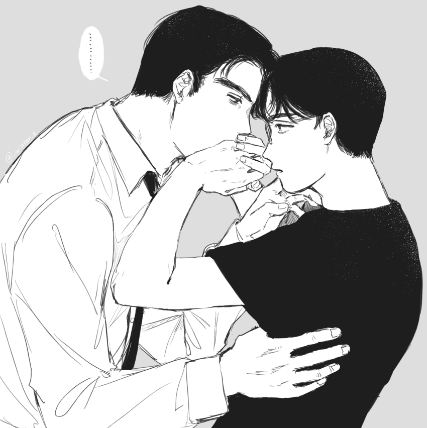 ..., 2boys, collared_shirt, covering_another's_mouth, dress_shirt, eye_contact, fingernails, from_side