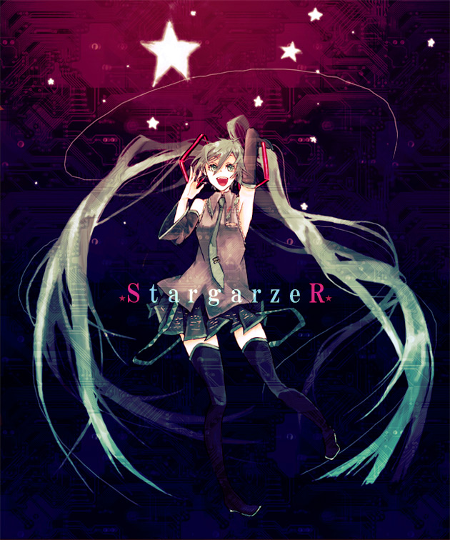 1girl, :d, arm_up, armpits, dancing, detached_sleeves, female_focus, hatsune_miku