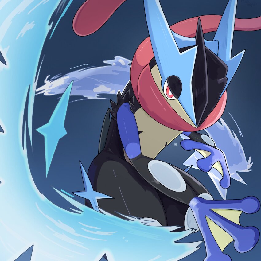 blue_background, cowboy_shot, frog, gen_6_pokemon, greninja, highres, kickhopper123, long_tongue