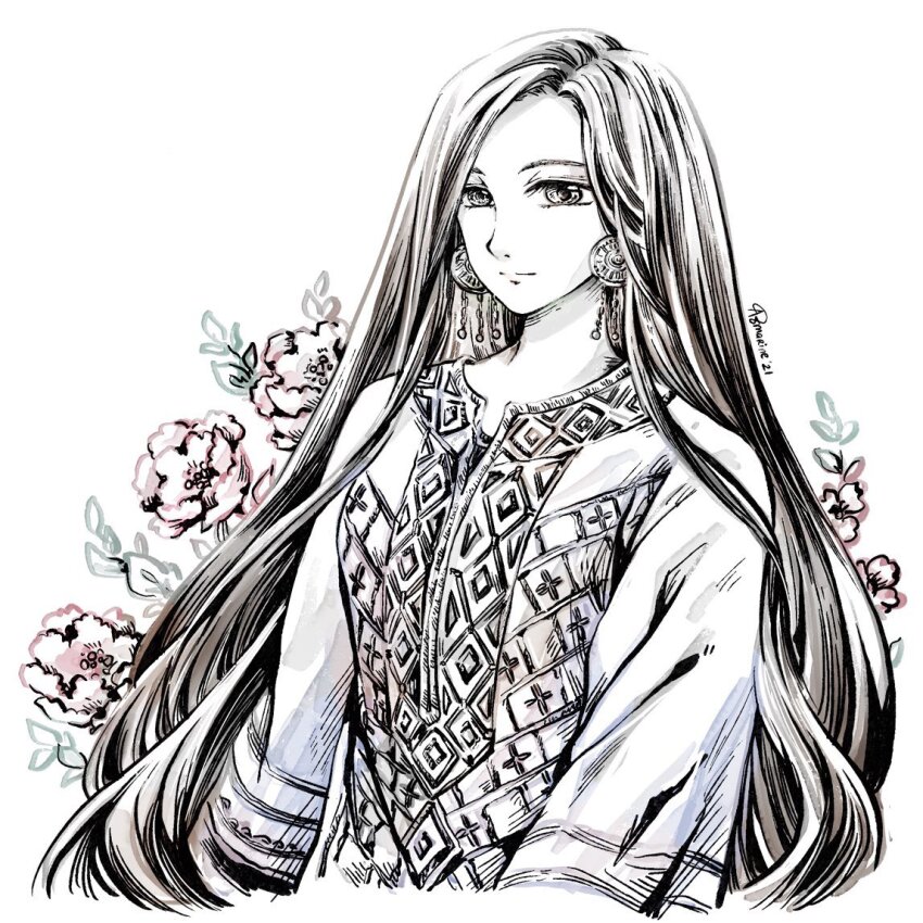 1girl, aomarinesword, arms_at_sides, closed_mouth, earrings, expressionless, flower, greyscale