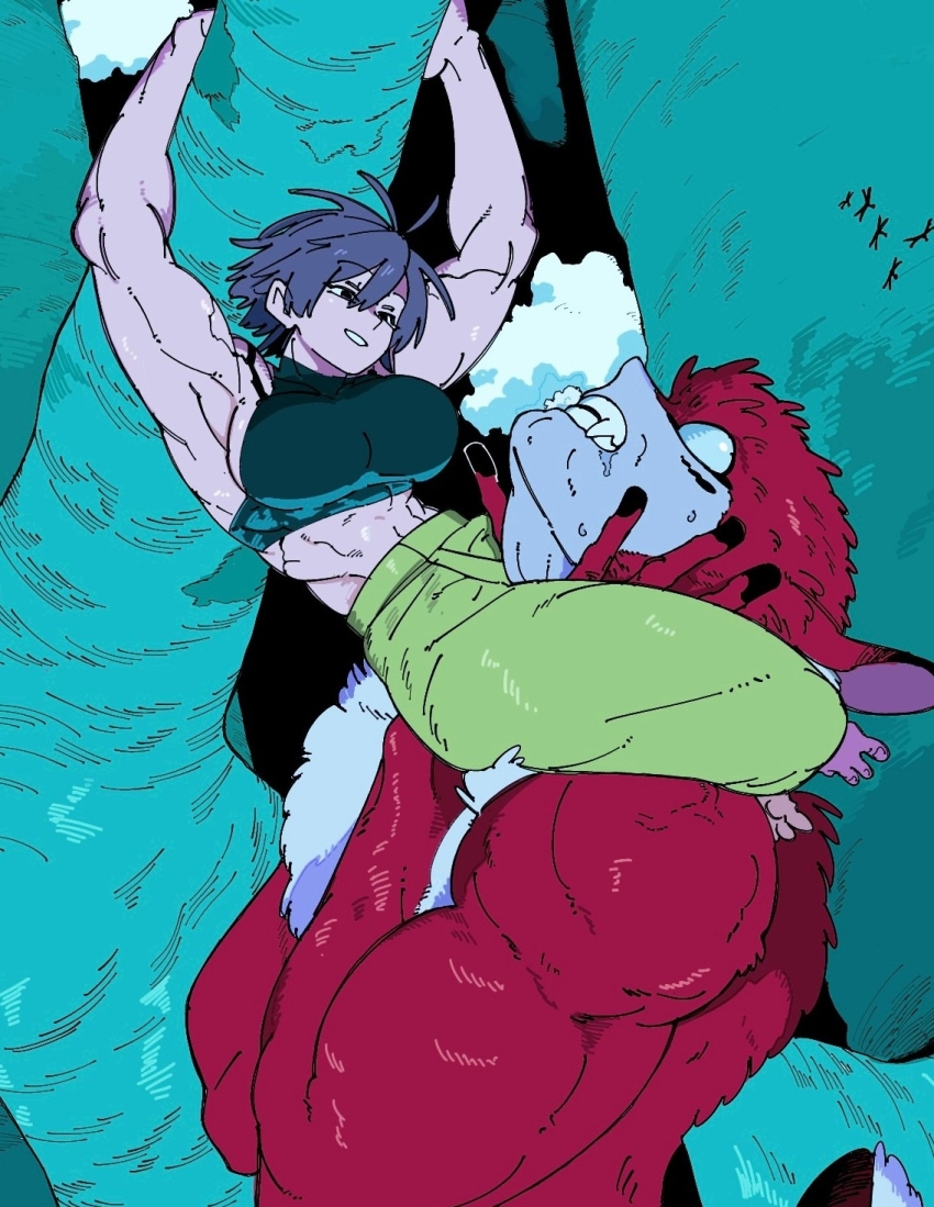 1boy, 1girl, abs, armpits, asphyxiation, back_muscles, battle, between_thighs