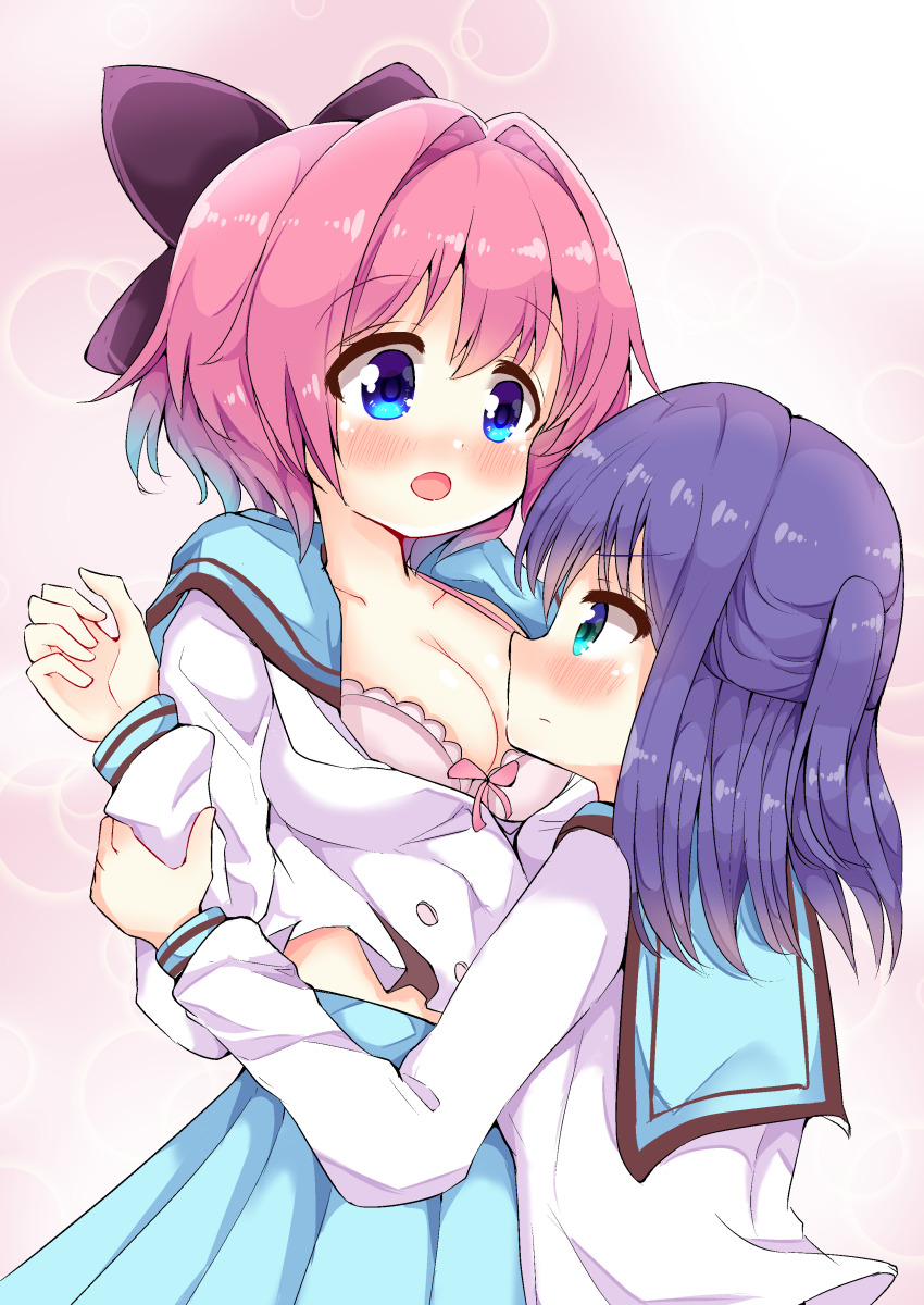 2girls, :o, absurdres, benamonti, bishie_sparkle, blue_collar, blue_eyes, blue_skirt, blush, bow, bow_bra, bra, breasts, cleavage, collar, green_eyes, hair_bow, highres, hiiragi_kae, holding_another's_wrist, honjou_kasumi, large_bow, large_breasts, lens_flare, long_sleeves, looking_at_another, medium_hair, midriff_peek, multiple_girls, partially_open_shirt, pink_bow, pink_bra, pink_hair, profile, purple_bow, purple_hair, re:stage!, school_uniform, serafuku, shirt, short_hair, skirt, underwear, white_shirt, yuri