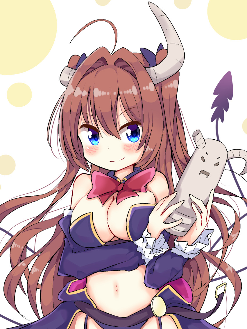 >:), 1girl, ahoge, arm_under_breasts, belt, benamonti, black_belt, blue_eyes, blush, bow, bowtie, breasts, broken_horn, cleavage, closed_mouth, commentary, cosplay, cowboy_shot, crisis_management_form_(machikado_mazoku), crossover, demon_horns, demon_tail, detached_collar, detached_sleeves, dot_nose, double-parted_bangs, hair_bow, hair_intakes, highres, holding_statue, horns, large_breasts, lilith_(machikado_mazoku), lilith_(machikado_mazoku)_(cosplay), lilith_(statue)_(machikado_mazoku), long_hair, looking_at_viewer, machikado_mazoku, navel, purple_bow, purple_sleeves, re:stage!, red_bow, red_bowtie, revealing_clothes, shikimiya_aone, smile, solo, stomach, tail, two_side_up, v-shaped_eyebrows, very_long_hair