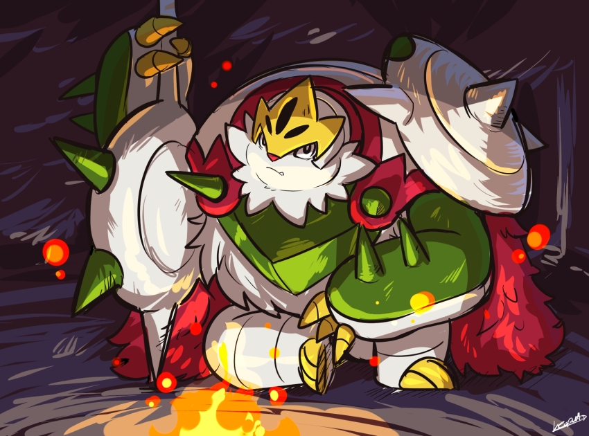1other, bonfire, chesnaught, claws, closed_mouth, commentary, english_commentary, fang, fang_out, gen_6_pokemon, highres, holding, holding_polearm, holding_weapon, leoneal's_workshop, looking_at_viewer, mega_chesnaught, nintendo, no_humans, planted, pokemon, pokemon_(creature), polearm, signature, sitting, spikes, weapon