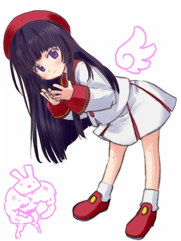 angelic_layer, aoyagi_kakerugeki, bent_over, black_hair, hat, kobayashi_hatoko, long_hair, purple_eyes, school_uniform, serafuku, solo