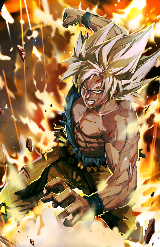 1boy, angry, blonde_hair, blood, clenched_hand, clenched_teeth, debris, dragon_ball, dragonball_z, explosion, green_eyes, longai, male_focus, manly, muscular, scowl, son_goku, spiked_hair, super_saiyan, super_saiyan_1, teeth, torn_clothes, wristband