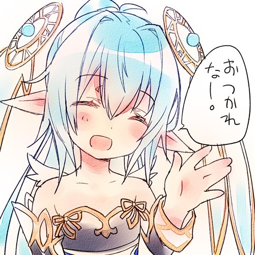 1girl, black_dress, black_sleeves, breasts, detached_sleeves, dress, emil_chronicle_online, floating_headgear, green_hair, headgear, long_hair, lowres, mitama_lilie, open_mouth, pointy_ears, ponytail, small_breasts, solo, strapless, strapless_dress, upper_body, wanko_(takohati8), white_background, white_wings, wings