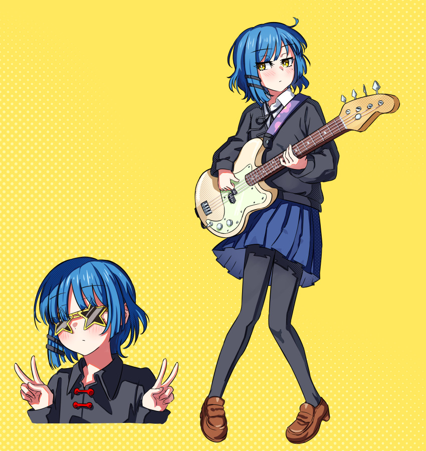 1girl, absurdres, bass_guitar, black_pantyhose, black_ribbon, black_shirt, black_sweater, blue_hair