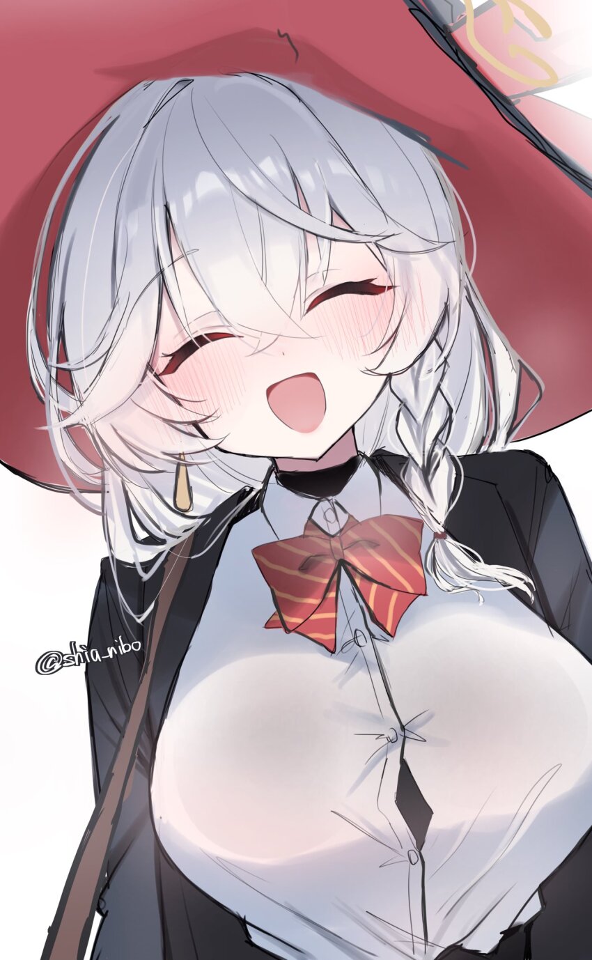 1girl, :d, black_jacket, blue_archive, bow, bowtie, braid, breasts