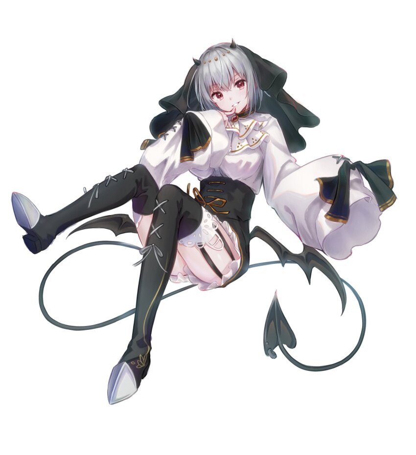 1girl, ascot, black_boots, black_corset, black_ribbon, black_veil, boots, breasts