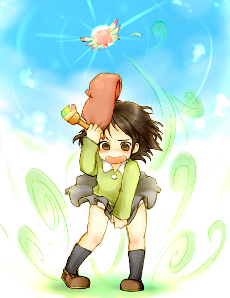 1boy, 1girl, adeleine, alien, beret, black_eyes, black_hair, black_skirt