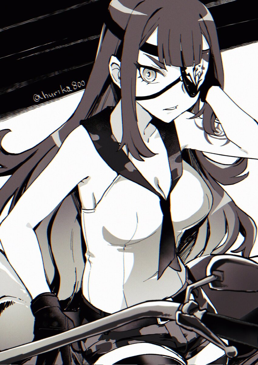 1girl, arm_rest, arm_tattoo, arm_up, biohazard_symbol, breasts, cleavage, collarbone