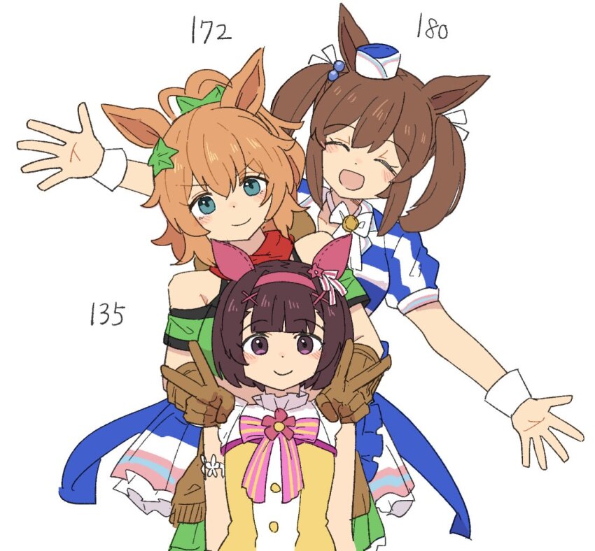 3girls, animal_ears, ascot, bandana, bandana_around_neck, bandeau, bare_shoulders, blue_dress