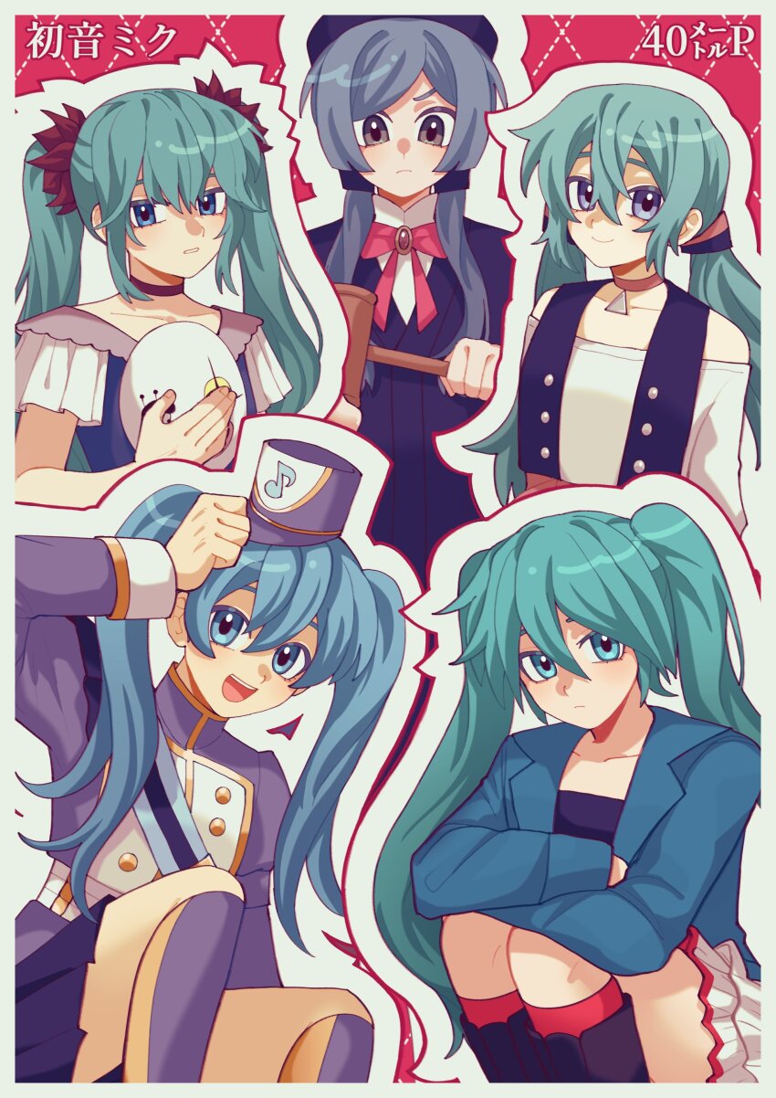 5girls, absurdres, aqua_hair, black_hat, black_shirt, black_shoes, blue_dress, blue_hair