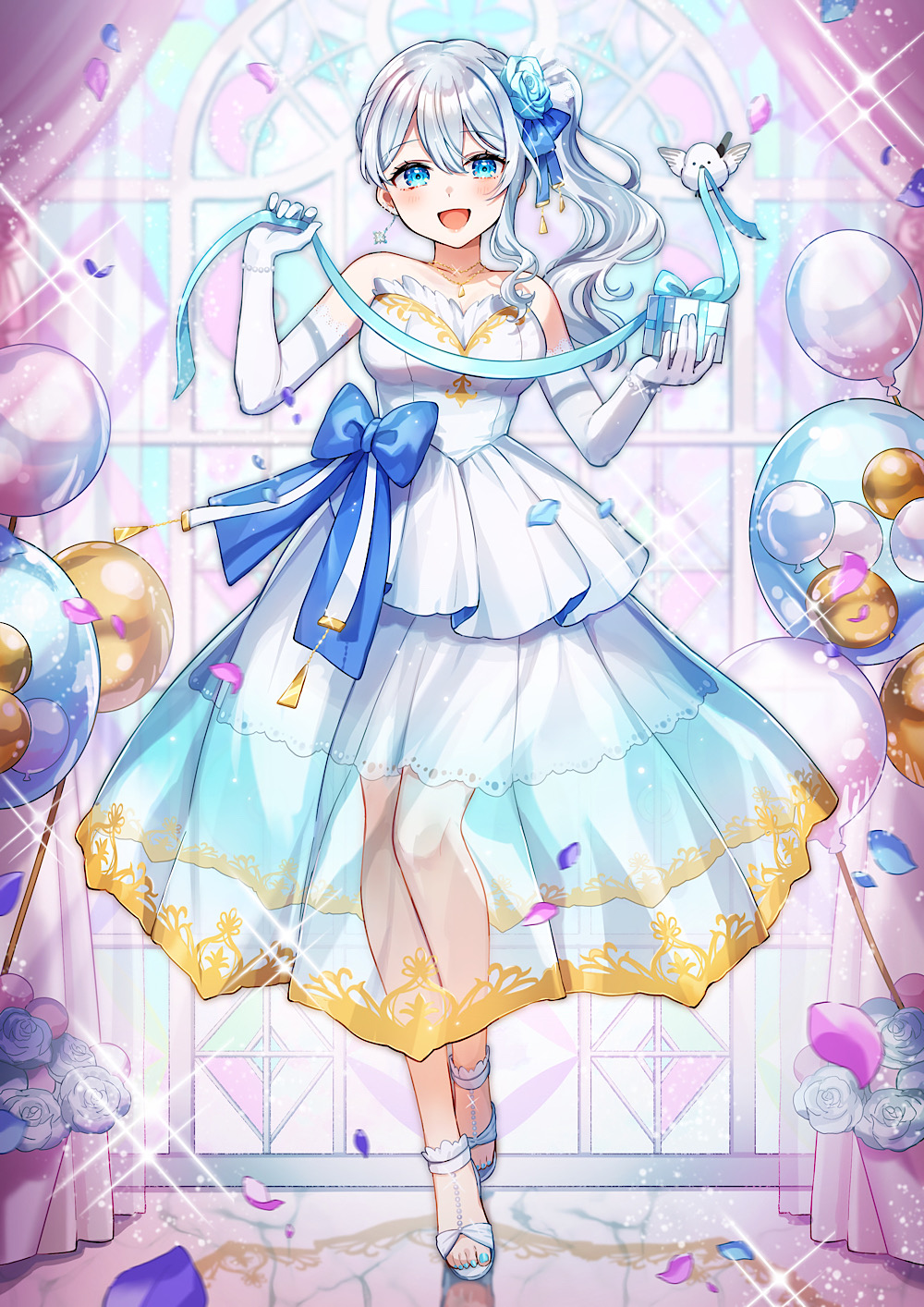 1girl, :d, balloon, bare_shoulders, birthday, blue_bow, blue_eyes, blue_flower