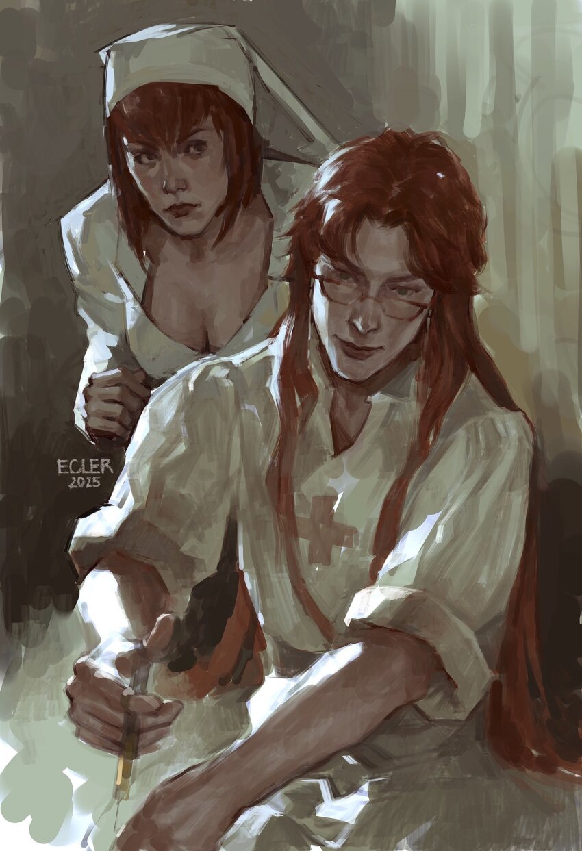 1boy, 1girl, blue_eyes, breasts, cleavage, dress, ecler_ecler, glasses