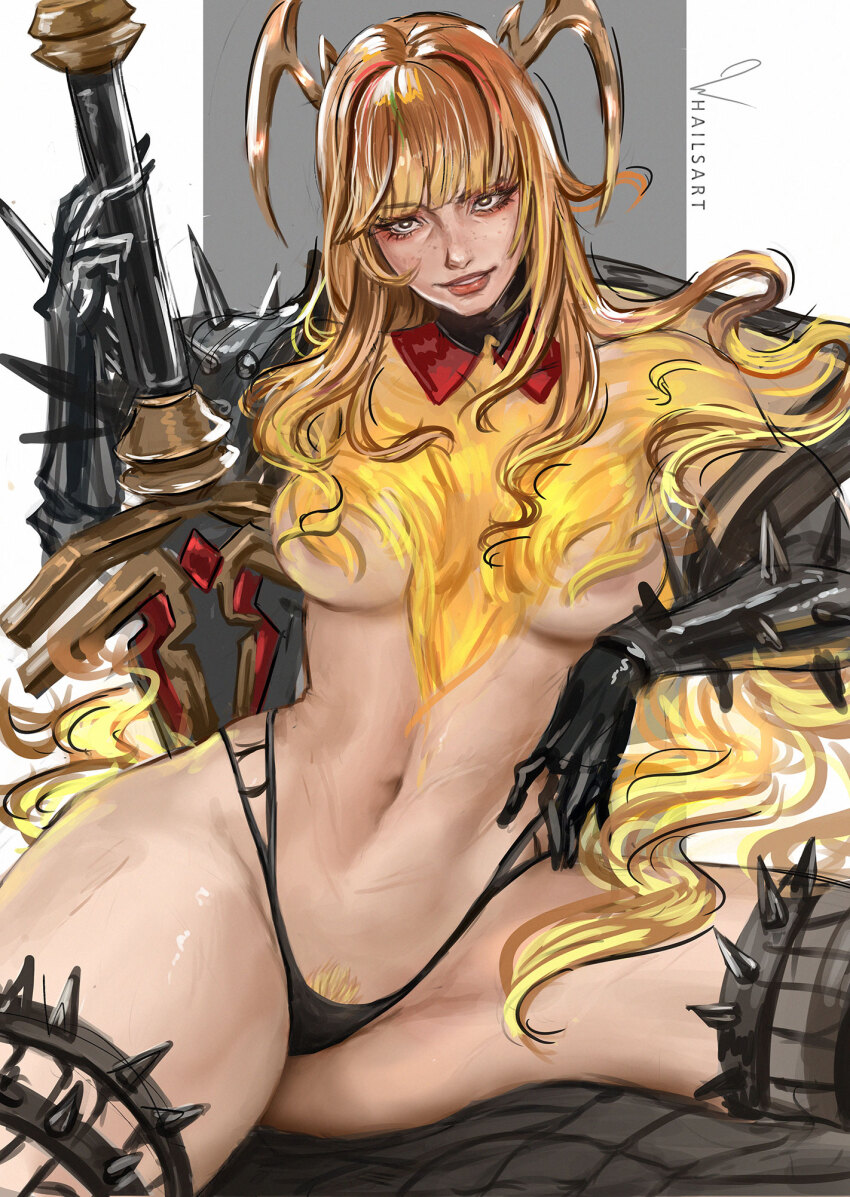armor, blonde_hair, blue_eyes, breasts, elbow_spikes, fire, highres, holding, holding_sword, holding_weapon, magik_(phoenix_demon)_(x-men), magik_(x-men), marvel, marvel_rivals, pauldrons, punk, shoulder_armor, shoulder_spikes, spiked_pauldrons, spiked_thigh_strap, spikes, superhero_costume, sword, weapon, whails, x-men