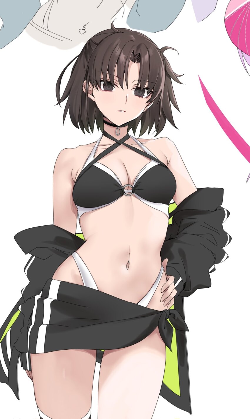 1girl, armpit_peek, bare_shoulders, bikini, black_bikini, black_choker, black_jacket, black_sarong