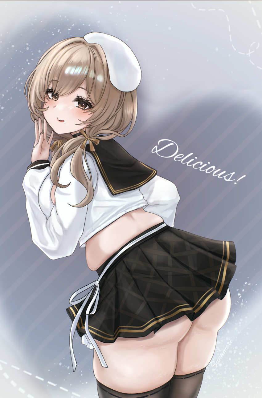 1girl, absurdres, ass, beret, black_sailor_collar, black_skirt, black_thighhighs, blush