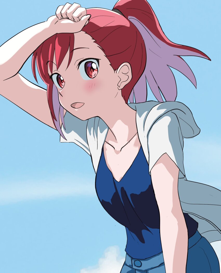 1girl, blouse, blue_background, blue_skirt, blue_sky, blush, braid, collarbone