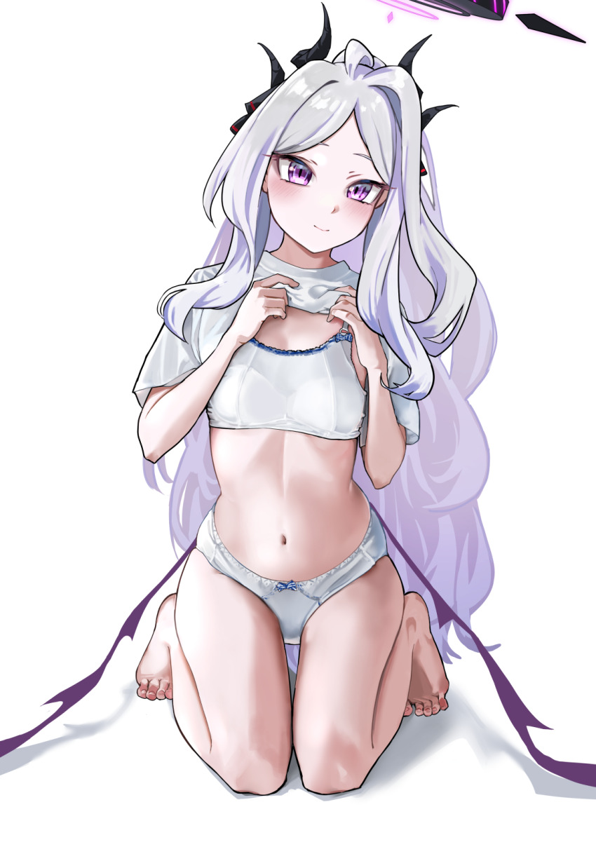1girl, ahoge, amanattou_shigure, bare_legs, barefoot, black_halo, black_horns, black_ribbon, blue_archive, bow, bow_panties, bra, breasts, closed_mouth, clothes_lift, commentary_request, demon_girl, demon_horns, demon_wings, feet, forehead, hair_ribbon, halo, hands_up, highres, hina_(blue_archive), horns, kneeling, lifting_own_clothes, loli, long_hair, looking_at_viewer, low_wings, multiple_horns, navel, panties, parted_bangs, purple_eyes, purple_wings, ribbon, shirt, shirt_lift, short_sleeves, simple_background, small_breasts, smile, solo, stomach, thighs, toenails, toes, underwear, very_long_hair, white_background, white_bra, white_hair, white_panties, white_shirt, wings