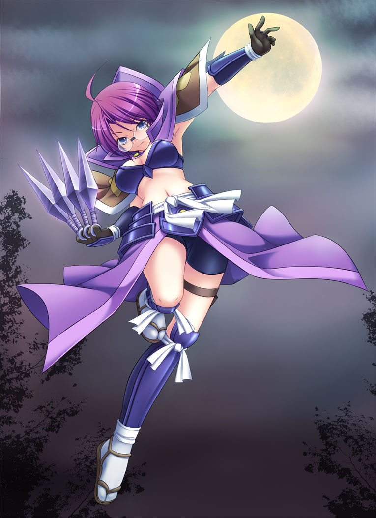 10s, ahoge, akechi_mitsuhide_(sengoku_otome), armor, kunai, midriff, moon, purple_hair