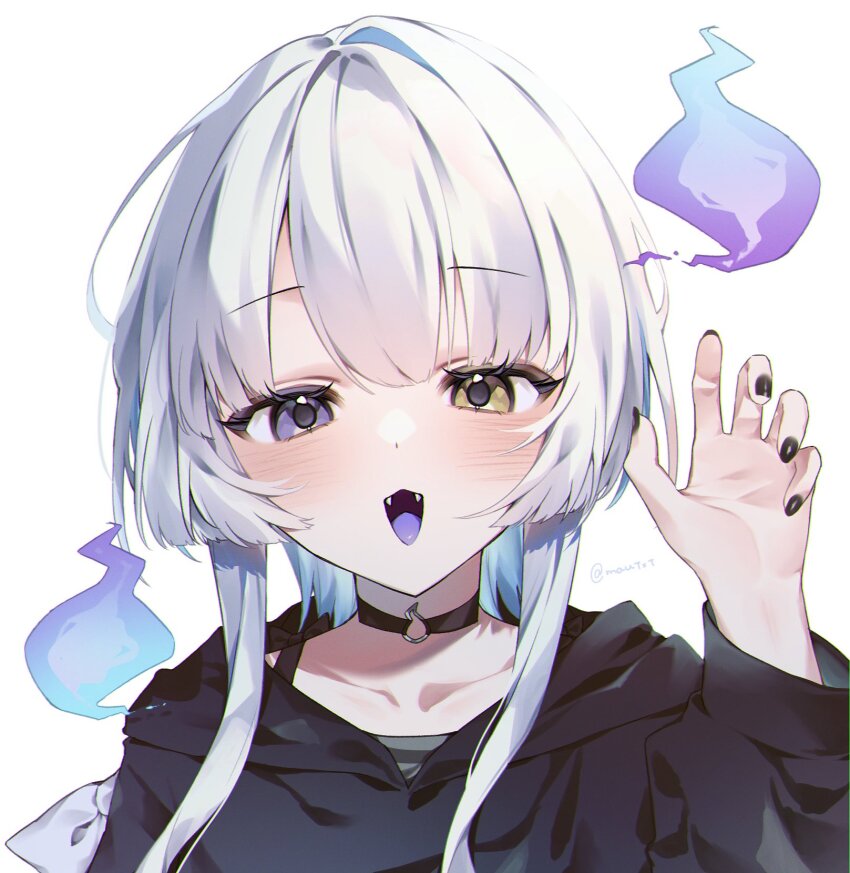 1girl, black_collar, black_hoodie, black_nails, blush, collar, commentary, fangs