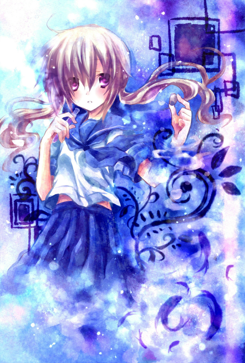 1girl, bad_id, bad_pixiv_id, blonde_hair, blush, brown_hair, female_focus, forni_(kazato_amane), highres, kazato_amane, midriff, original, pleated_skirt, purple_eyes, school_uniform, serafuku, skirt, solo, tube, twintails