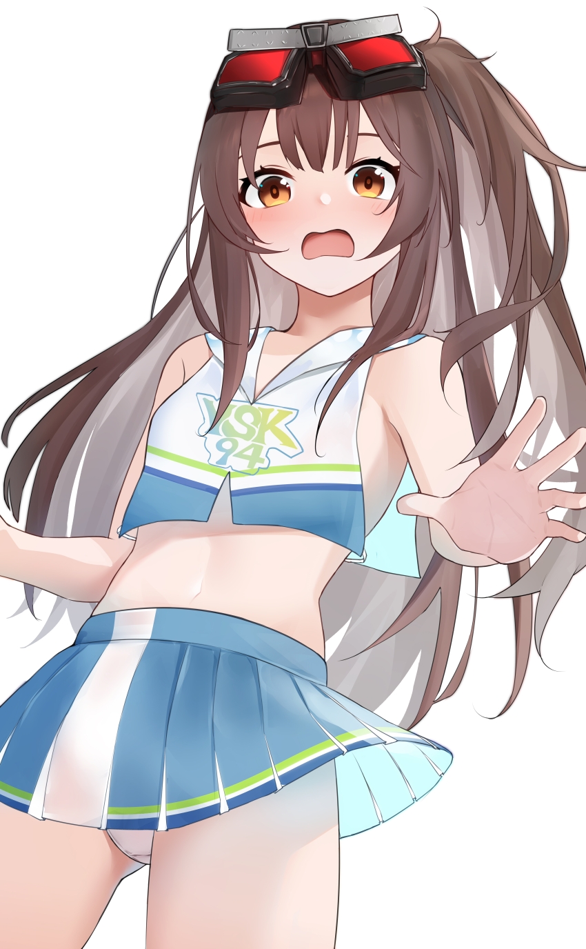 1girl, absurdres, blush, brown_eyes, brown_hair, cheerleader, clothes_writing, cosplay