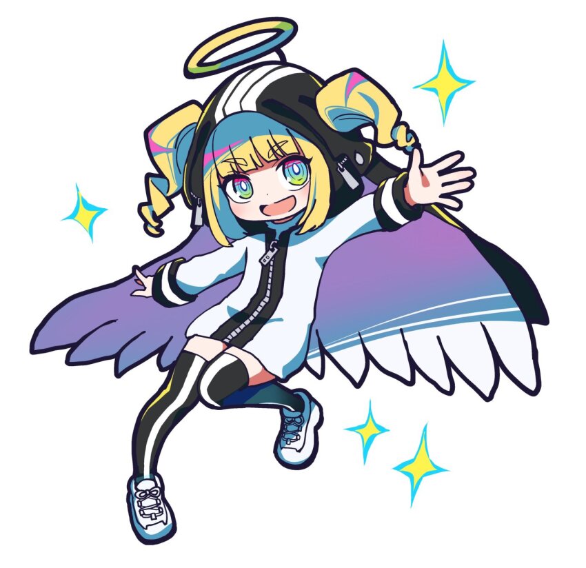 1girl, angel, black_thighhighs, blonde_hair, blue_eyes, cape, commentary, full_body