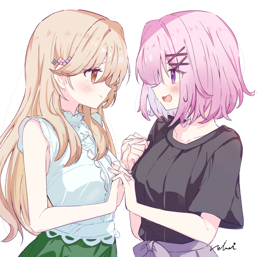 2girls, amaori_renako, black_shirt, brown_eyes, brown_hair, closed_mouth, commentary_request, green_skirt