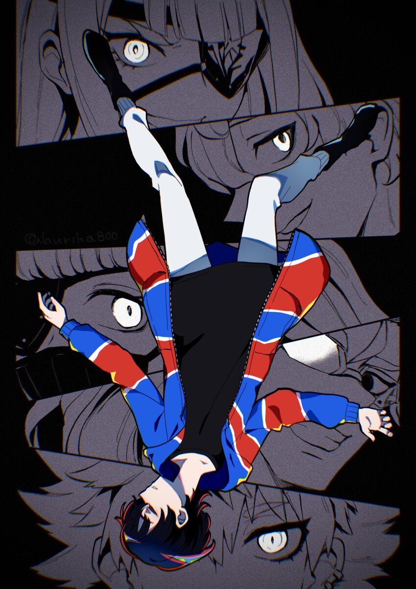 3boys, 3girls, black_hair, black_shirt, black_shoes, closed_eyes, commentary_request, eyepatch