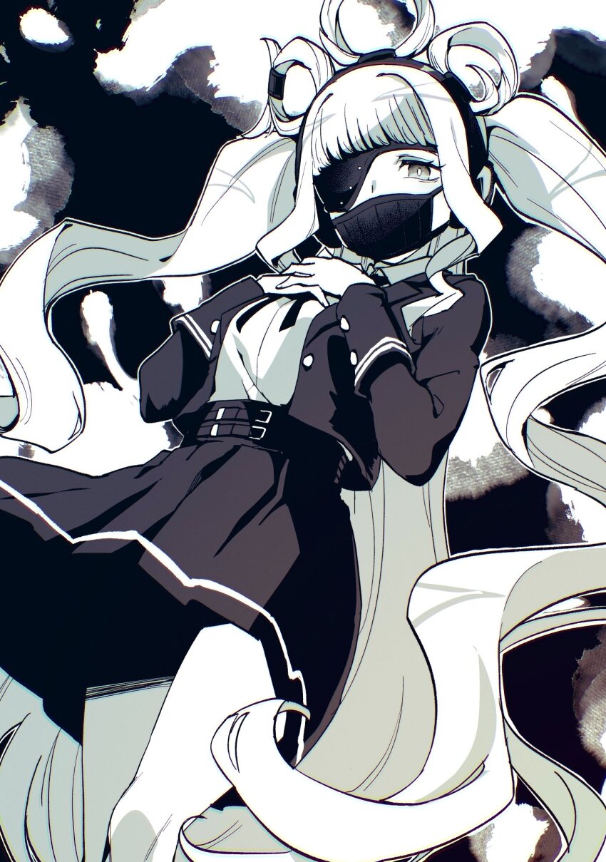 1girl, collared_shirt, cowboy_shot, eyepatch, greyscale, hair_rings, hairband, hands_on_own_chest