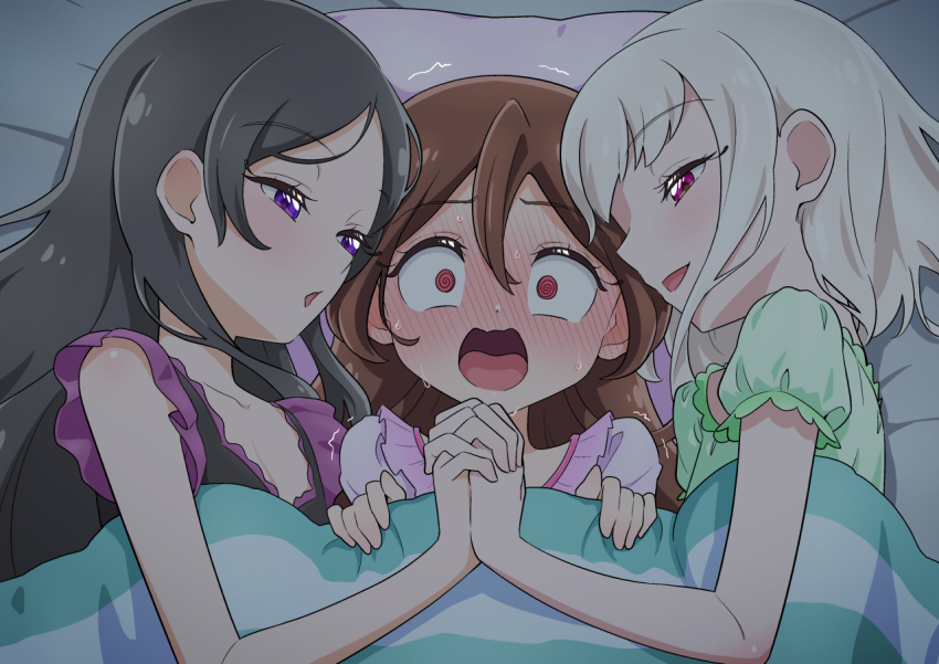 3girls, @_@, bare_arms, bed_sheet, black_hair, black_nightgown, blanket, blush, breasts, brown_hair, cleavage, collarbone, commentary, diamond-shaped_pupils, diamond_(shape), double-parted_bangs, embarrassed, frilled_nightgown, frilled_pajamas, frilled_sleeves, frills, full-face_blush, girl_sandwich, green_pajamas, hair_between_eyes, half-closed_eyes, holding_hands, interlocked_fingers, kimi_to_idol_precure, long_hair, long_sidelocks, looking_at_another, looking_at_viewer, lying, tanaka_meron, meroron_(precure), multiple_girls, nightgown, on_back, on_bed, on_side, open_mouth, pajamas, parted_bangs, parted_lips, pillow, pink_eyes, pink_pajamas, polygamy, precure, puffy_short_sleeves, puffy_sleeves, tanaka_purin, purirun_(precure), purple_eyes, red_eyes, sakura_uta_(precure), sandwiched, short_hair, short_sleeves, sidelocks, smile, sweat, symbol-shaped_pupils, tiler_(tiler00), trembling, very_long_hair, wavy_mouth, white_hair, wide-eyed, yuri