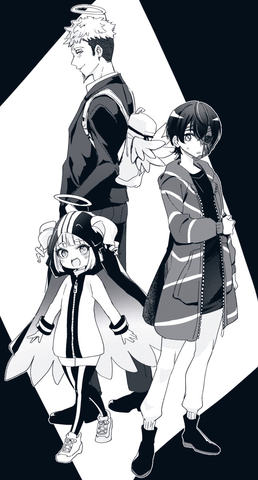 1boy, 2girls, angel, angel_wings, backpack, bag, cape, facial_hair