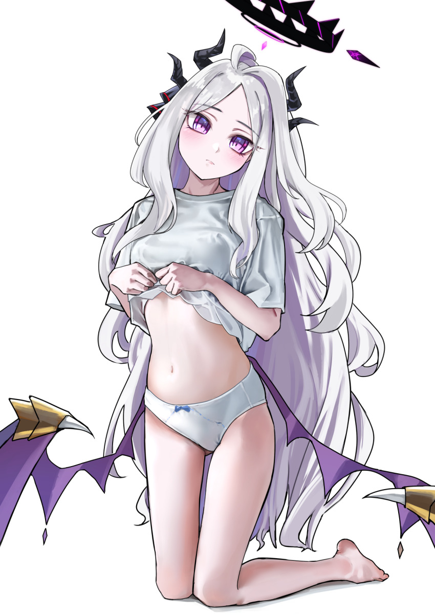 ahoge, amanattou_shigure, bare_legs, barefoot, black_halo, black_horns, blue_archive, blush