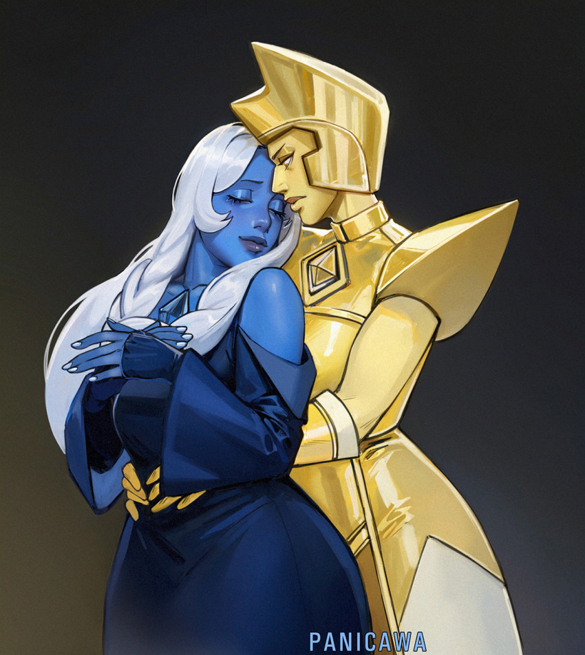 adelheid_(moschiola), alien, blue_diamond_(steven_universe), blue_dress, blue_skin, chest_jewel, colored_skin, diamond_(shape), diamond_(species)_(steven_universe), dress, gem, gem_(steven_universe), helmet, highres, long_hair, multiple_girls, simple_background, steven_universe, white_hair, yellow_diamond_(steven_universe), yellow_skin