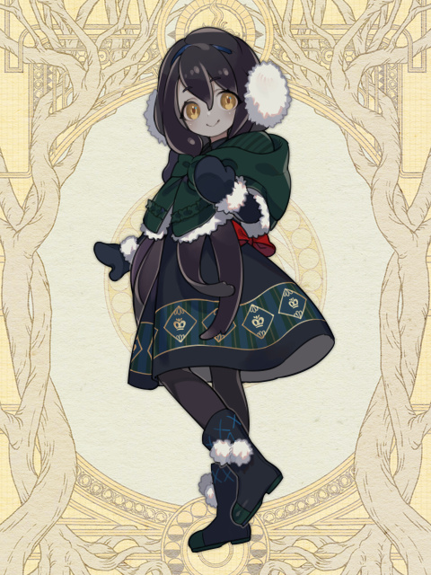 1girl, black_boots, black_hair, black_mittens, black_pantyhose, boots, colored_skin, dairoku_ryouhei