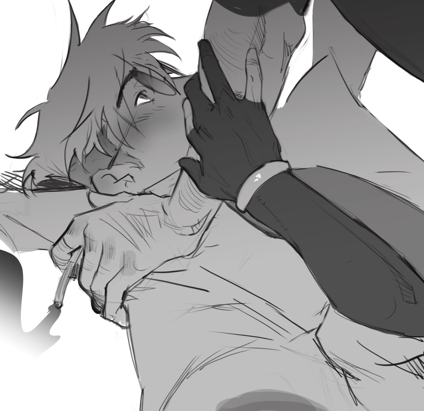 2boys, absurdres, arm_hair, blush, bracelet, cigarette, coat, commentary