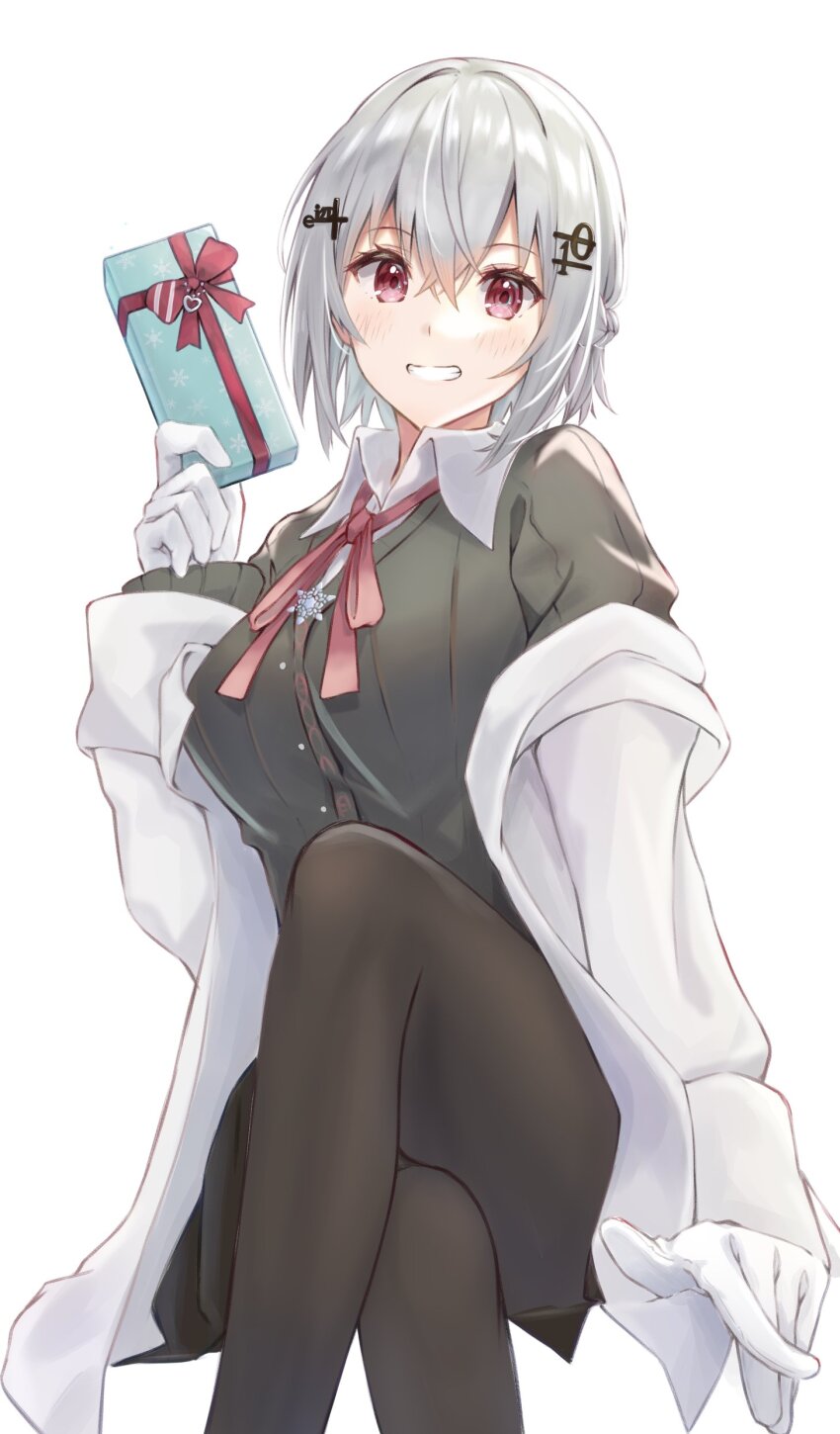 1girl, :d, absurdres, black_pantyhose, black_skirt, black_sweater, box, breasts