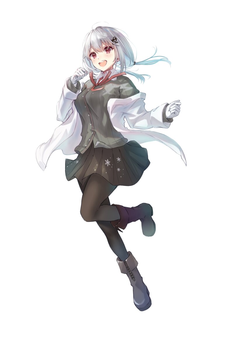 1girl, :d, absurdres, ankle_boots, black_boots, black_pantyhose, black_skirt, black_sweater, boots, breasts, collared_shirt, full_body, gloves, grey_hair, hair_between_eyes, hair_ornament, hakase_fuyuki, hakase_fuyuki_(1st_costume), highres, kotorime_(kmizuq1), lab_coat, large_breasts, long_hair, long_sleeves, low_twintails, miniskirt, neck_ribbon, nijisanji, number_hair_ornament, off_shoulder, open_mouth, pantyhose, pi_(math), pleated_skirt, red_eyes, red_ribbon, ribbed_sweater, ribbon, running, shirt, skirt, smile, solo, sweater, twintails, virtual_youtuber, white_background, white_gloves