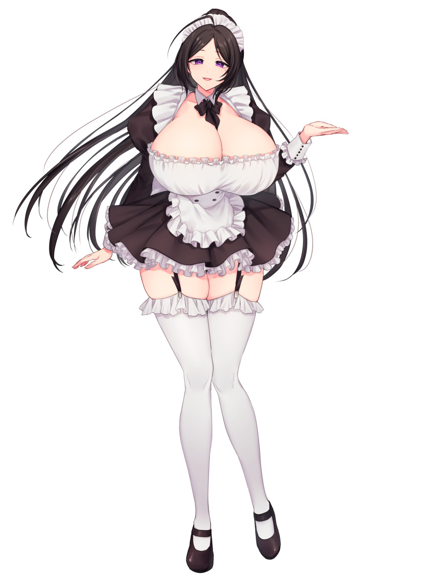 1girl, :d, ahoge, apron, black_bow, black_shoes, bow, breasts